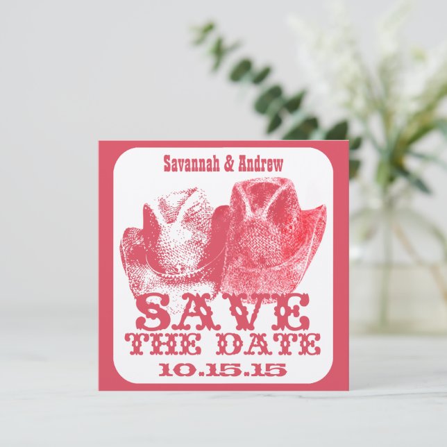 Pink Western Cowboy Cowgirl Hochzeit Retten Sie da Save The Date (Stehend Vorderseite)