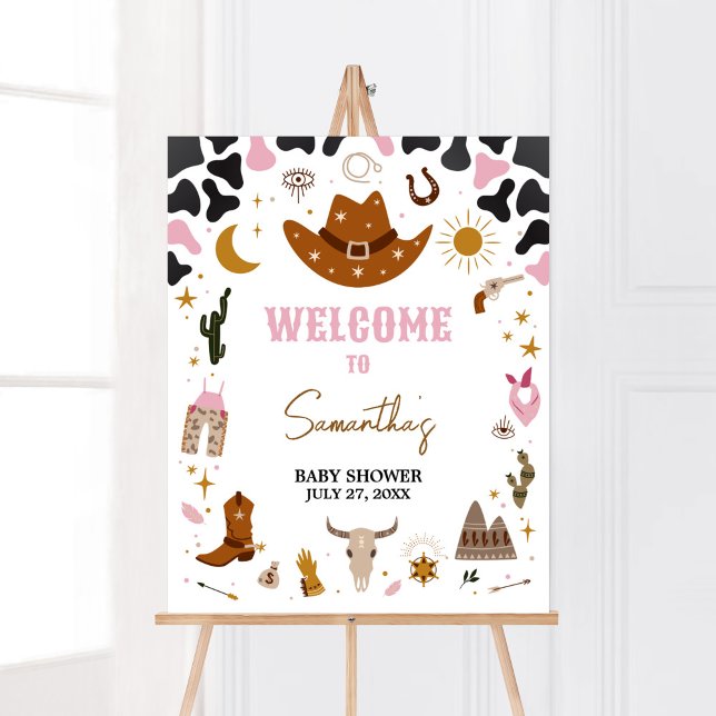 Pink Western Cowgirl Babydusche Willkommen Poster (Boho Wild West Rodeo Baby Shower Welcome Sign)