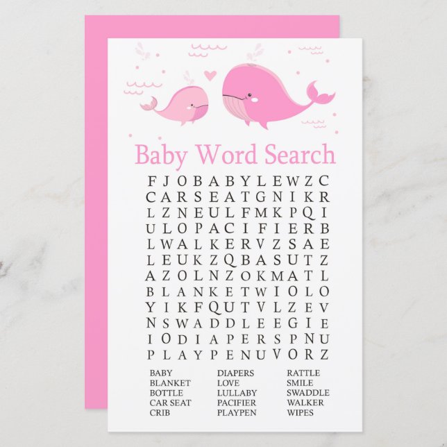 Pink Whale Baby Dusche Word Search Game (Vorne/Hinten)