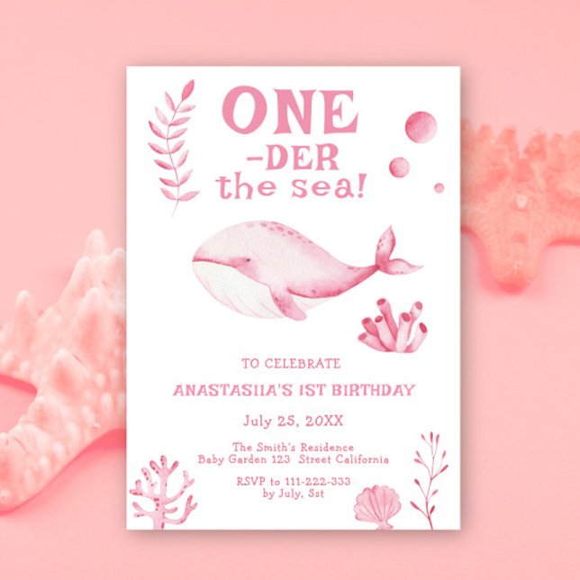 Pink Whale Oneder The Sea 1st Birthday  Einladung (Von Creator hochgeladen)