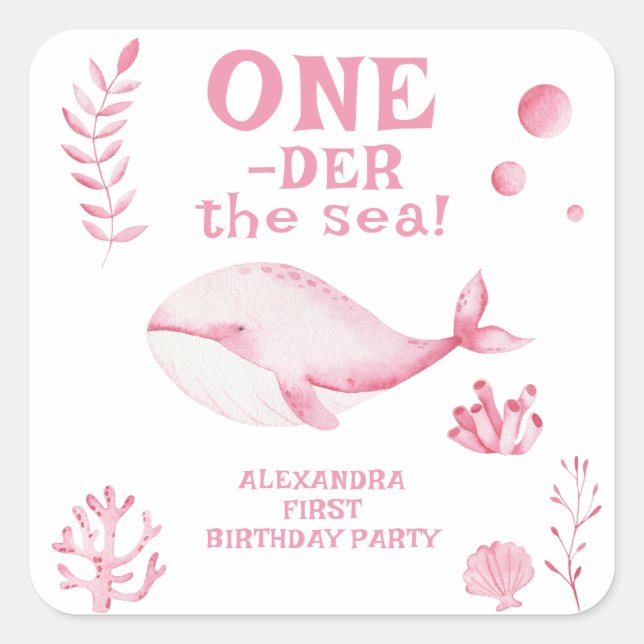 Pink Whale Oneder The Sea 1st Birthday  Quadratischer Aufkleber (Vorderseite)