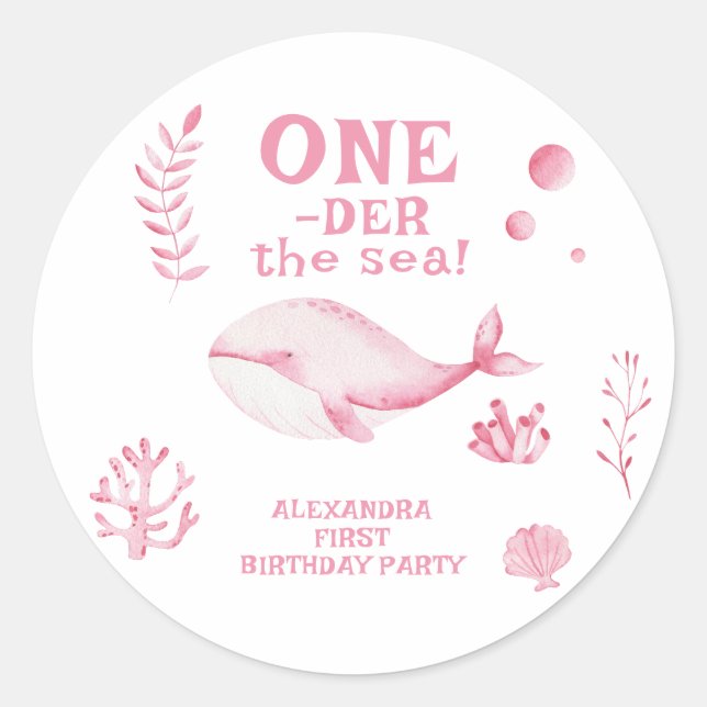 Pink Whale Oneder The Sea 1st Birthday  Runder Aufkleber (Vorderseite)