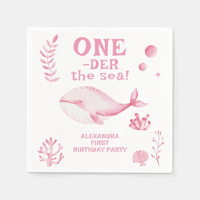 Pink Whale Oneder The Sea 1st Birthday  Serviette (Vorderseite)
