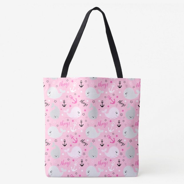 Pink Whales Anchors Nautical Girean Ocean Pattern (Cute Pink Whales Ahoy Tote Bag)