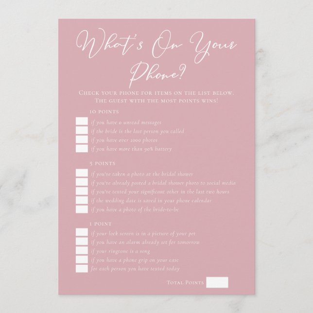 Pink What's On Your Phone Bridal Shower Download Karte (Vorderseite)