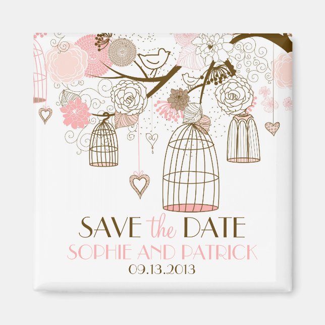 Pink Whimsical Birdcages Save the Date Magnet (Vorne)