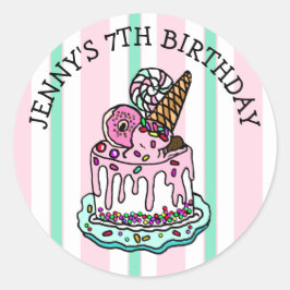 Pink Whimsical Birthday Cake Classic Round Sticker