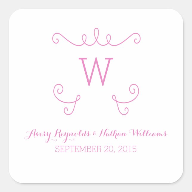 Pink Whimsical Blüh Monogram Wedding Quadratischer Aufkleber (Vorderseite)