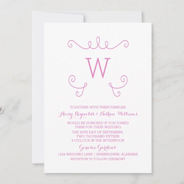 Pink Whimsical Blüh Monogram Wedite Einladung (Vorderseite)