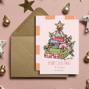 Pink Whimsical Book Tree Weihnachtskarte Feiertagskarte