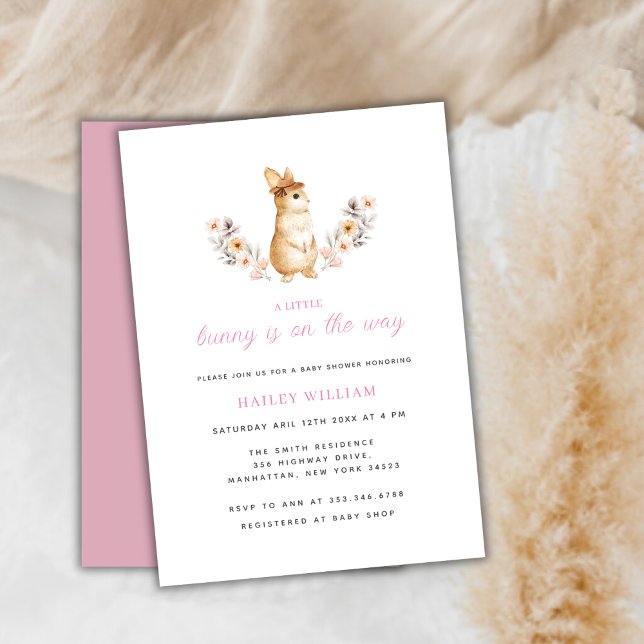 Pink Whimsical Bunny Wildblume Babydusche Einladung (Pink Whimsical Bunny Wildflower Baby Shower Invitation)
