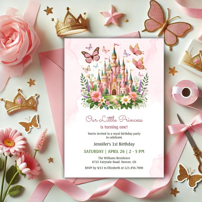 Pink Whimsical Burg Kleine Prinzessin 1. Geburtsta Einladung (Pink Whimsical Castle Little Princess 1st Birthday Invitation)