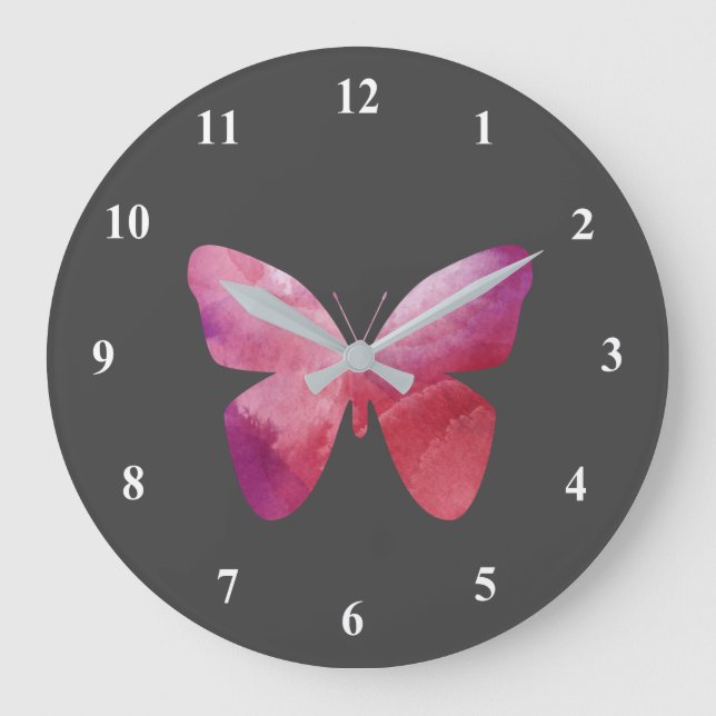Pink whimsical butterfly große wanduhr (Vorderseite)