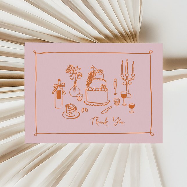 Pink Whimsical Doodle Hand Gezeichnet Danke (bridal shower thank you card in pink and orange hand-drawn food doodles)