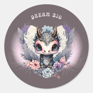 Pink Whimsical "Dream Big" Kleiner Drache Runder Aufkleber