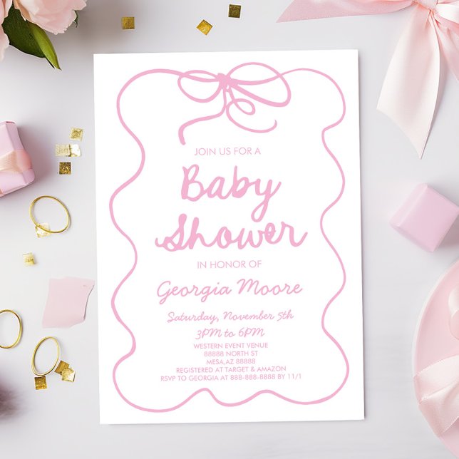 Pink Whimsical Hand Drawn Bow Baby Dusche Einladung (Von Creator hochgeladen)