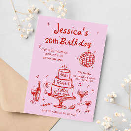 Pink Whimsical Hand Drawn Funky Birthday Party Einladung