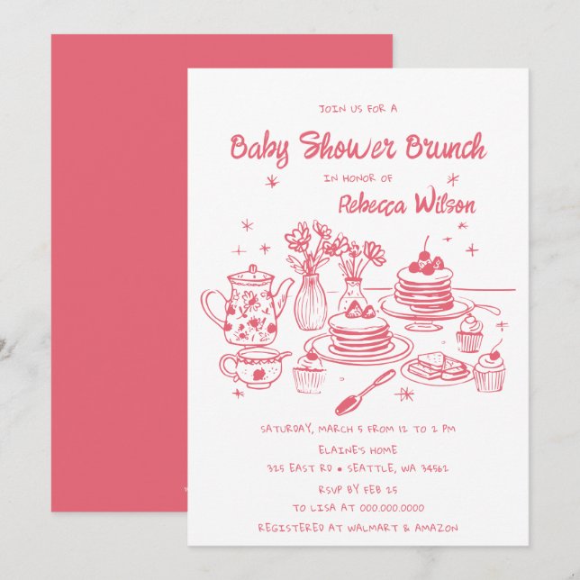 Pink Whimsical Hand Drawn Girl Babydusche Brunch Einladung (Vorne/Hinten)