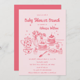 Pink Whimsical Hand Drawn Girl Babydusche Brunch Einladung