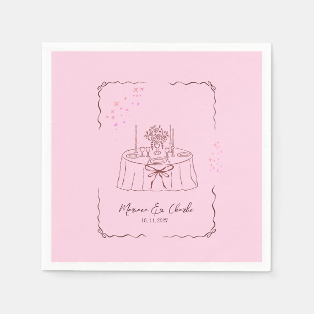Pink Whimsical Hand Drawn Illustrated Wedding  Serviette (Vorderseite)