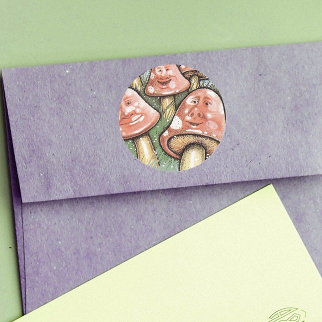 Pink Whimsical Mushroom Faces Runder Aufkleber (Cute pink mushrooms with smiling faces in grass on round stickers.)