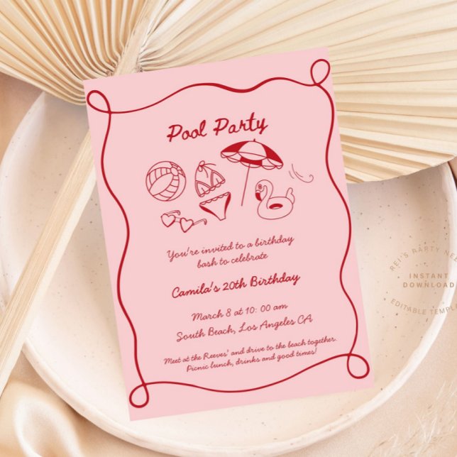 Pink Whimsical Pool Party Sommermonate Einladung (Von Creator hochgeladen)