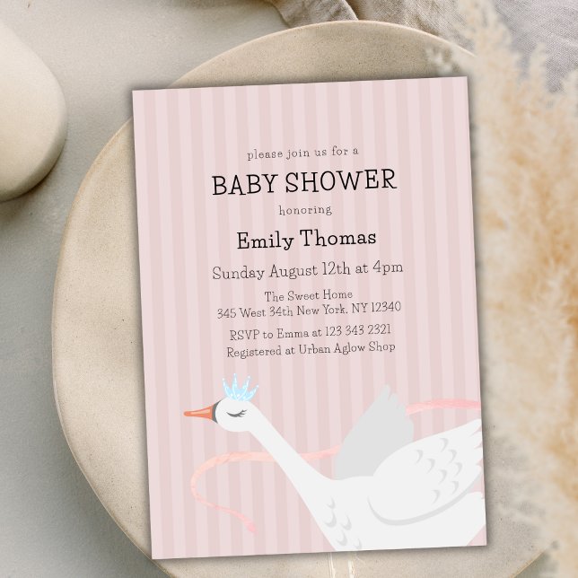 Pink Whimsical Princess Swan Stripe Babydusche Einladung (Pink Whimsical Princess Swan Stripe Baby Shower Invitation)