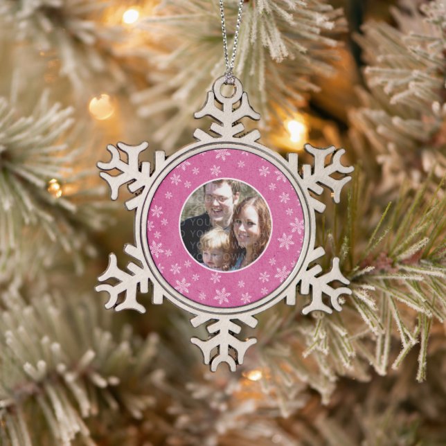 Pink Whimsical Schneeflocken Foto Zinnschmuck Schneeflocken Zinn-Ornament (Baum)
