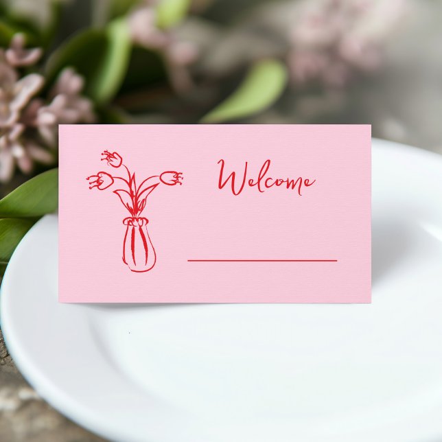 Pink Whimsical Scribble Doodle Brautparty Platzkarte (pink and red hand drawn bridal shower place card with whimsical vase of flowers illustration)