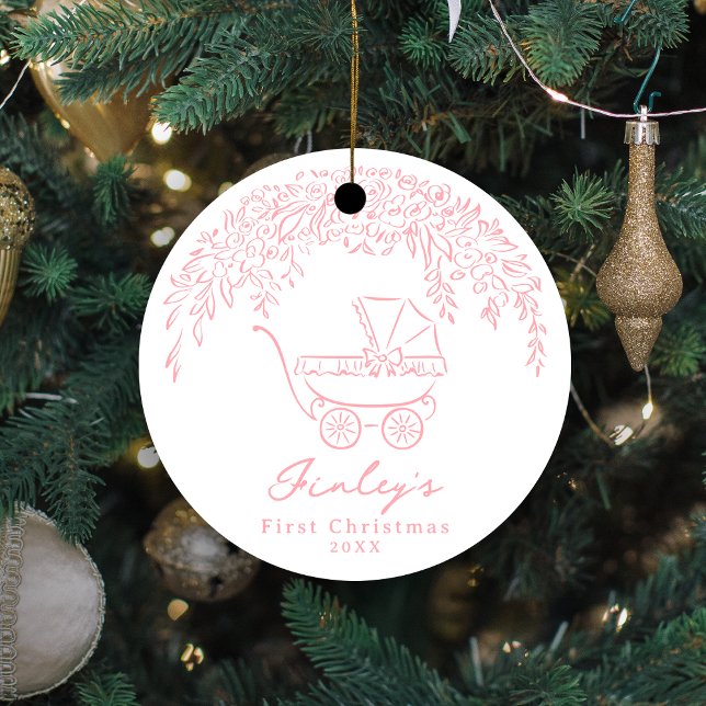 Pink Whimsical Stroller Baby's First Christmas Keramik Ornament (Pink Whimsical Stroller Baby's First Christmas Ceramic Ornament)