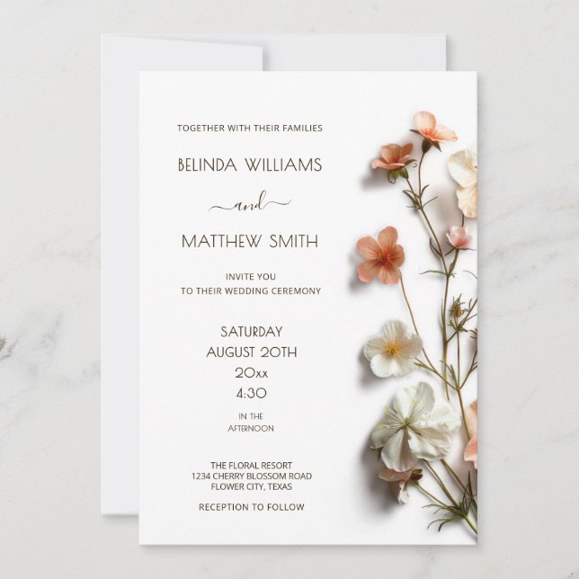 Pink White 3D Wildflowers Simple Einladung (Vorderseite)