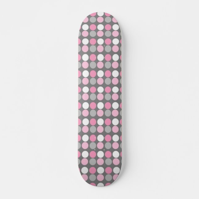Pink White and Gray Polka Dot Skateboard (Vorne)