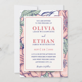 Pink white and Green Floral Rustic Wedding  Einladung