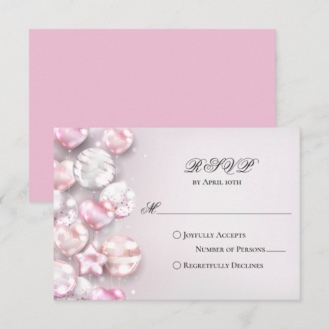 Pink White Balloons Quinceañera RSVP Karte (Vorne/Hinten)