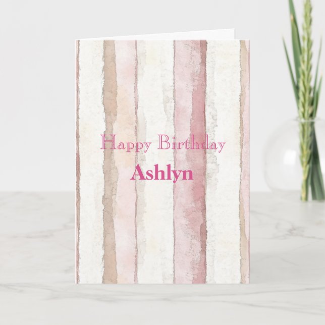 Pink White Beige Stripes Birthday Karte (Vorderseite)