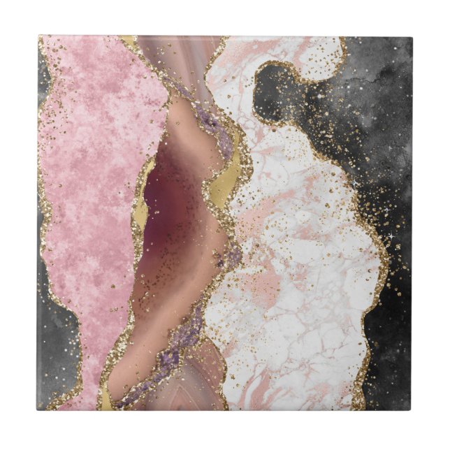 Pink White Black Mauve Gold Glitzer Agate Marble Fliese (Vorderseite)