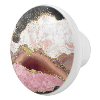 Pink White Black Mauve Gold Glitzer Agate Marble Keramikknauf