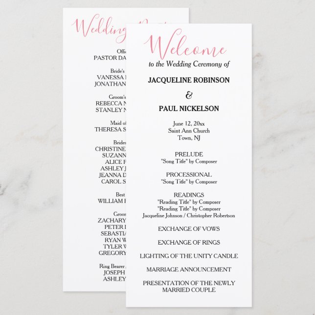 Pink White Black Wedding Program Programm (Vorne/Hinten)