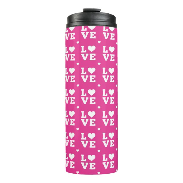 PINK & WHITE BLOCK LETTERING LIEBE MIT HERZEN THERMOSBECHER (Vorderseite)