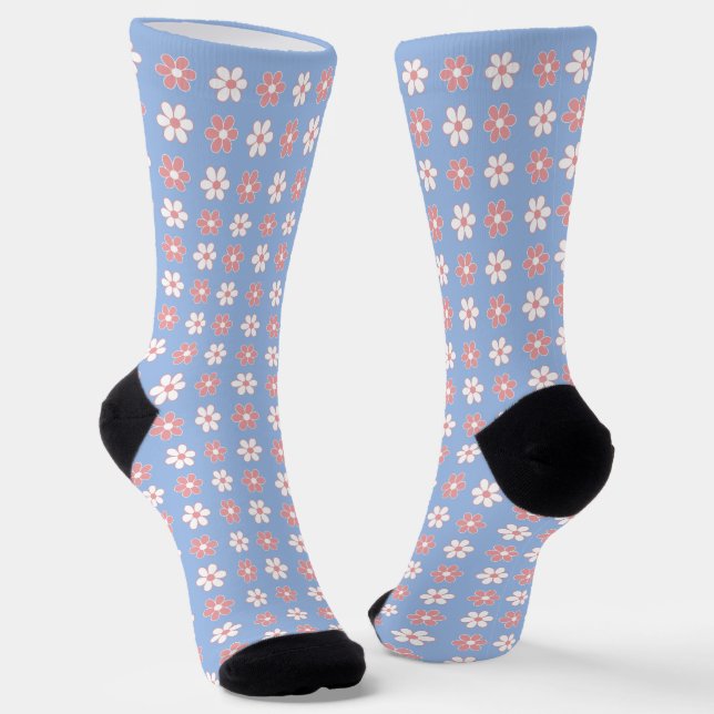 Pink & White Blume Muster auf Light Sky Blue Socken (Gewinkelt)