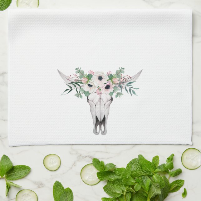 Pink White Boho Cow Head Floral Geschirrtuch (Gefaltet)