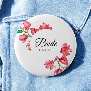 Pink White Bride Floral Magnolia Wedding Button