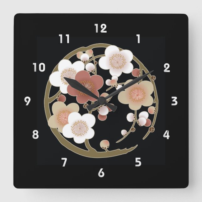 Pink White Brown Sakura Japanisch Kimono Muster Quadratische Wanduhr (Vorderseite)