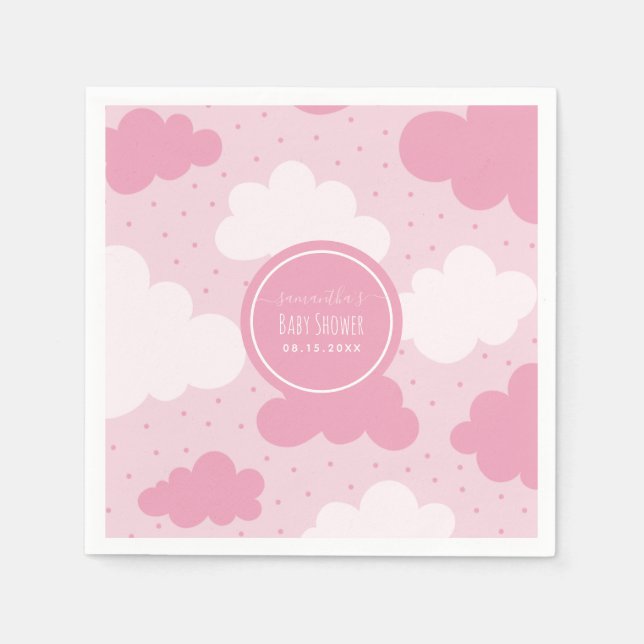 Pink & White Cartoon Clouds Girl Babydusche Niedli Serviette (Vorderseite)
