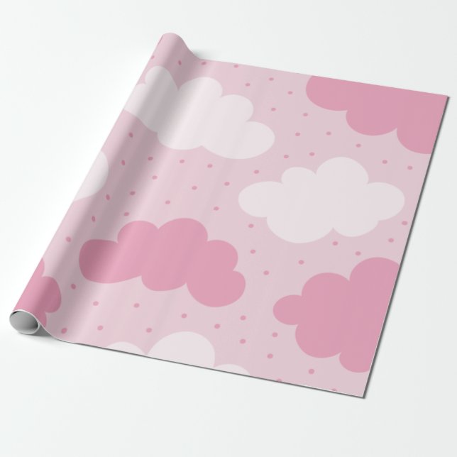 Pink & White Cartoon Dreamy Clouds Muster gepunkte Geschenkpapier (Ungerollt)