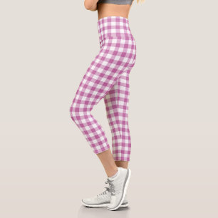 Pink White Checkered Gingham Kariertes Muster Capri Leggings