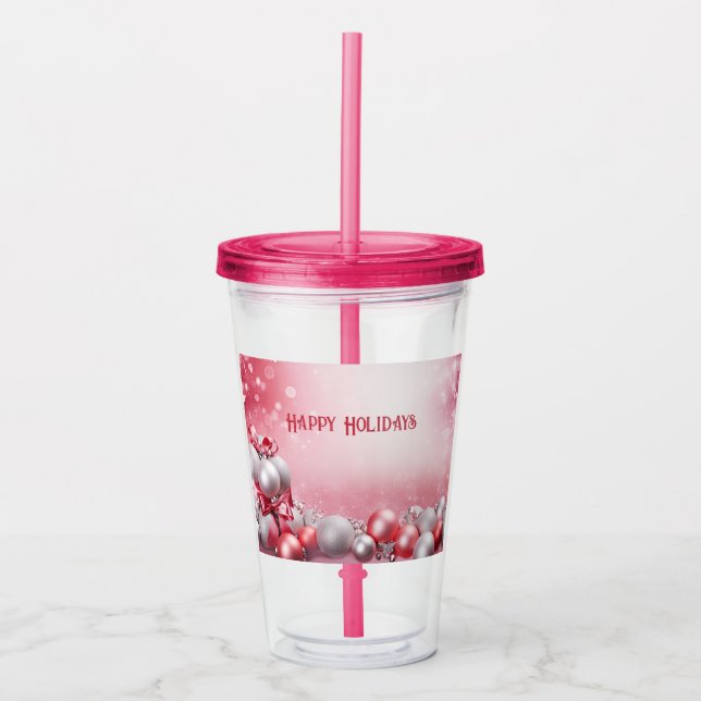 Pink White Christmas Balls Holiday Acrylic Tumbler Acryltrinkbecher (Vorderseite)