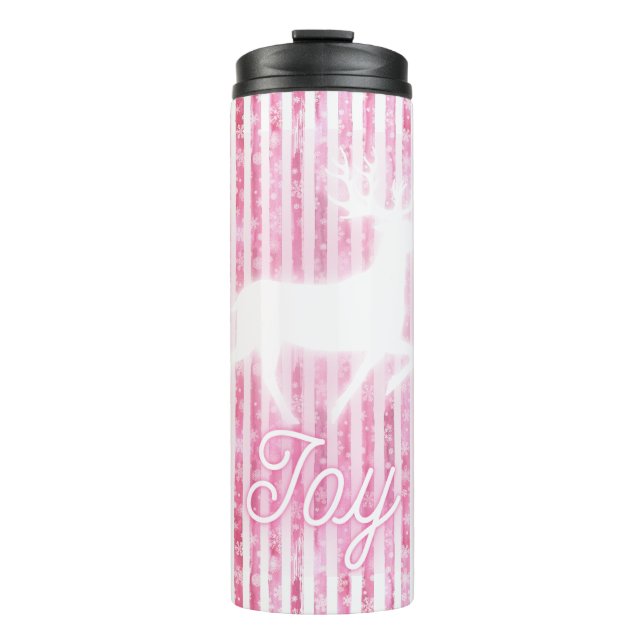 Pink & White Christmas Joy Reindeer Thermosbecher (Vorderseite)