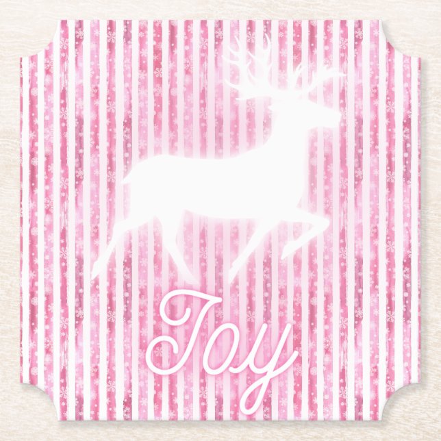 Pink & White Christmas Joy Reindeer Untersetzer (Vorderseite)