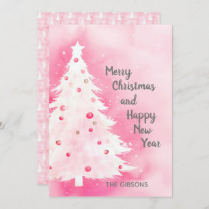 Pink White Christmas Tree Watercolor Card Feiertagskarte